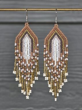 Neutral Luxe Boho Southwestern Fringe Beaded Earrings Handmade Bohemian Jewelry